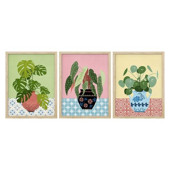 PixonSign Framed Canvas Print Wall Art Set - Vibrant Monstera Jungle Plant Pots Poster Art - Set of 3 Tropical Botanical Plants Prints Boho Colorful Wall Décor for Living Room - 12"x16"x3 Natural