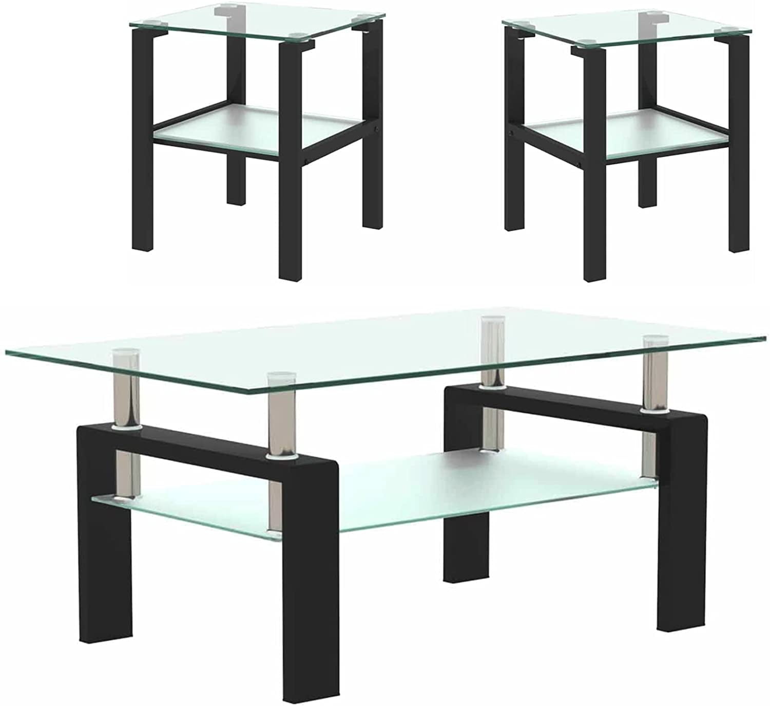 Holaki Glass Coffee Table and End Table Sets, Living Room Table Set of 3, 2 Layer Tea Table