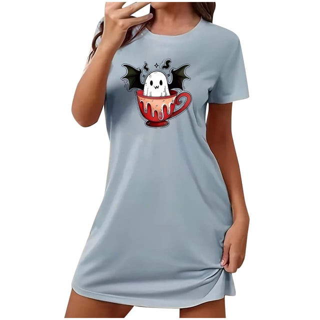 Tnhcen Robe de Nuit pour Femmes Saison Effrayante Grande Taille Imprimé Dessin Animé Manches Courtes Col Rond Polyester Spandex Doux P-2TG pour des Nuits d'Halloween Douillettes