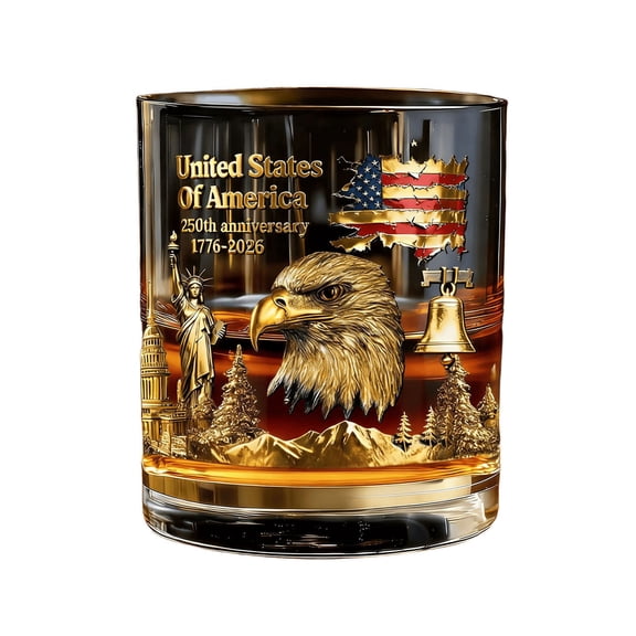 250th Anniversary Commemorative Whiskey Glass, America 1776-2026 Patriotic Relief Drinking Cup, Bourbon Scotch Tumbler for Independence Day Gift Decor