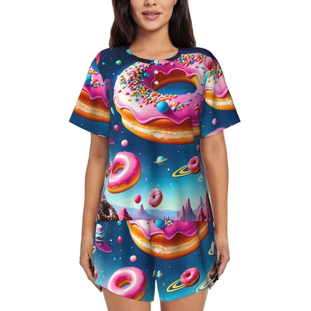 Balery Starry Sky Colorful Donut Conjunto de Pijama para Mujer con Estampado, Dos Piezas de Manga Corta y Shorts, Ropa de Dormir Suave con Cuello Redondo y Bolsillos-X-Large