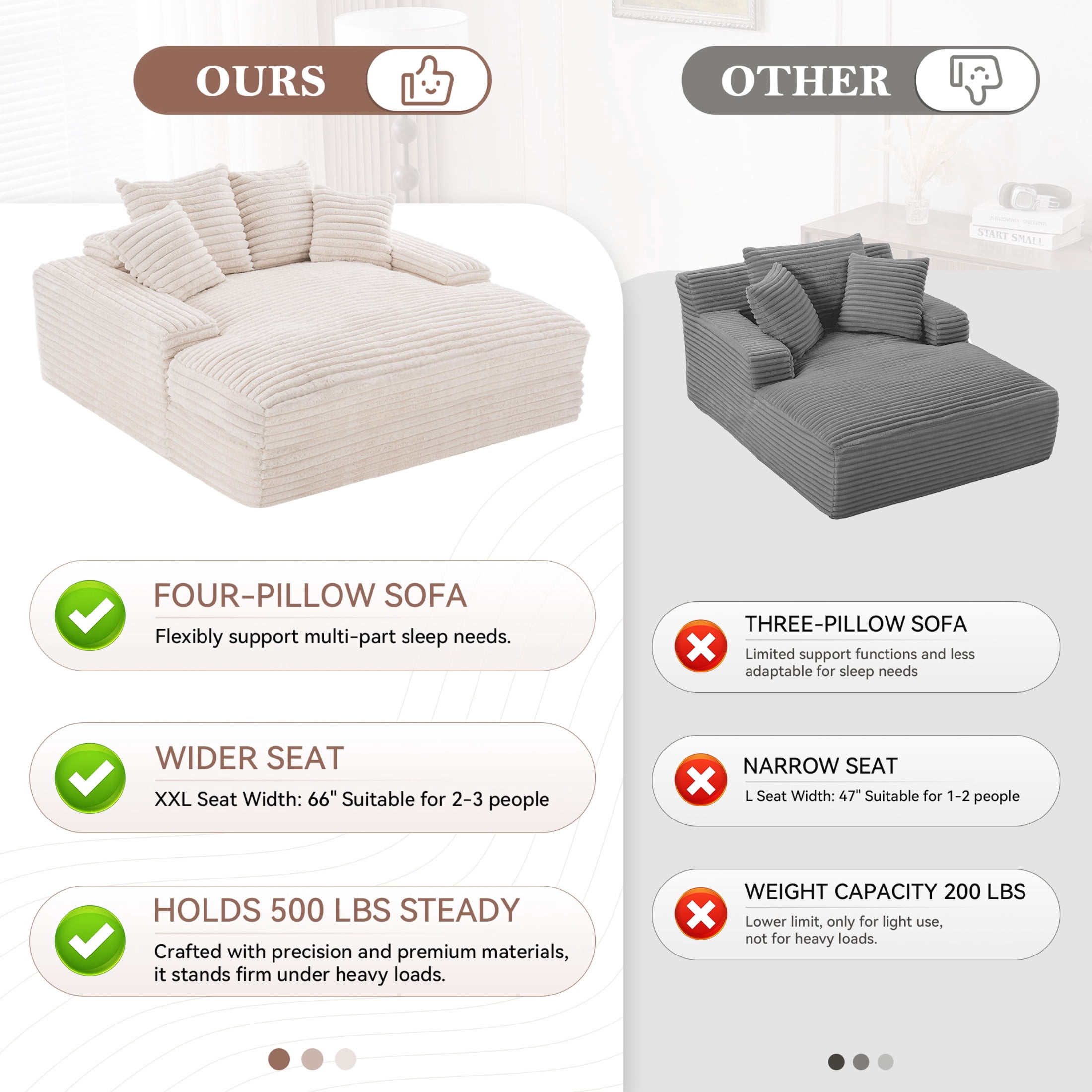 Noble House Heliox 68" Oversized Chaise Lounge Chair, Plush Corduroy Sleeper Sofa Bed with Removable Pillows, Beige