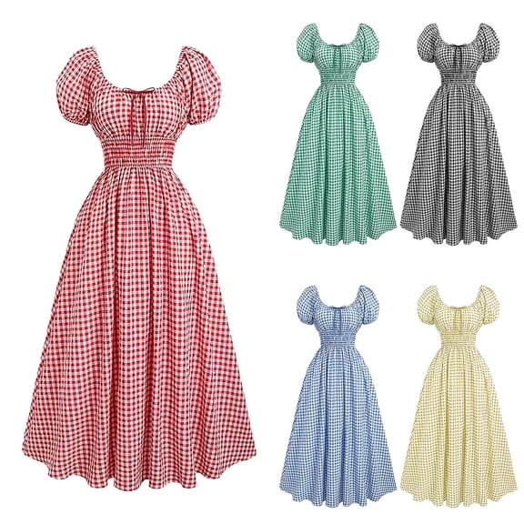 Oksale Peasant Dresses For Women Medieval Retro Puff Sleeve Plaid Empire Waist Ball Gowns Renaissance Elegant Square Neck Oktoberfest Maxi Dresses Yellow S
