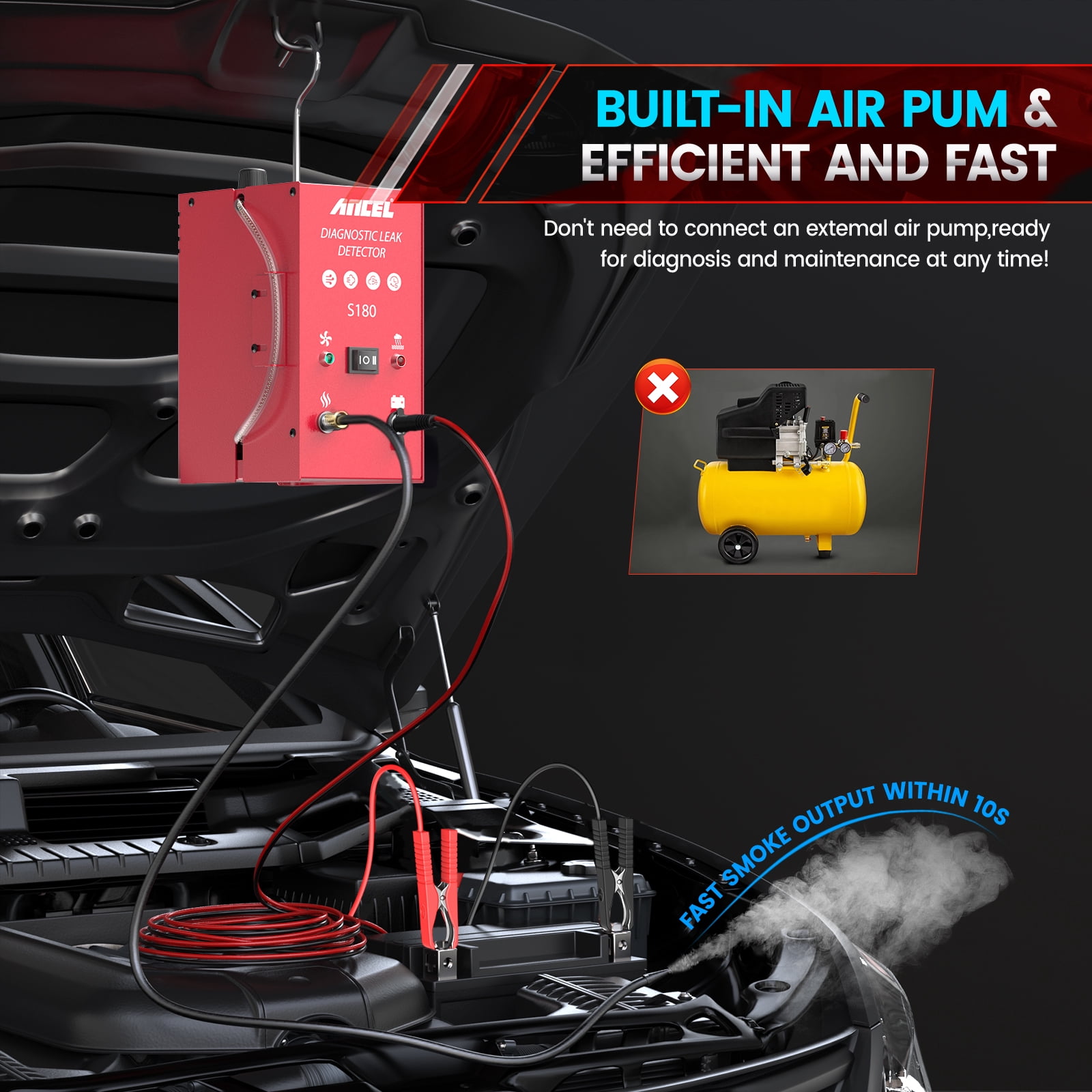 ANCEL S180 Automotive Smoke Machine Leak Detector with Built-In Air Pump, EVAP Smoke Machine Fuel Pipe Vacuum Diagnostic Tester for Cars Motorcycles Trucks