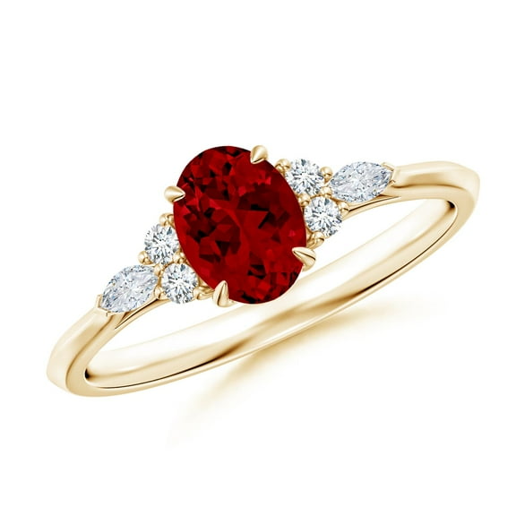 ANGARA Lab Grown 1 Ct Oval Ruby Side Stone Engagement Ring with Diamonds for Women in 14K Yellow Gold (Size-7x5mm) | July Birthstone, Anniversary, Jewelry Gift for Women | Lab-Grown Ruby Ring