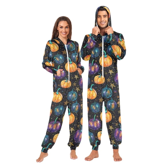 Adult Onesie Pajamas for Women and Men Loose Fit Full-Zip One-Piece Sleepwear with Pockets Orange and Blue Pumpkin Pattern X-Small