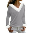thumbnail image 7 of Long Sleeve Pullover Christmas Tops Womens Loose Long Sleeve V Neck Fur Trim Sweater Tops Gray XL, 7 of 7