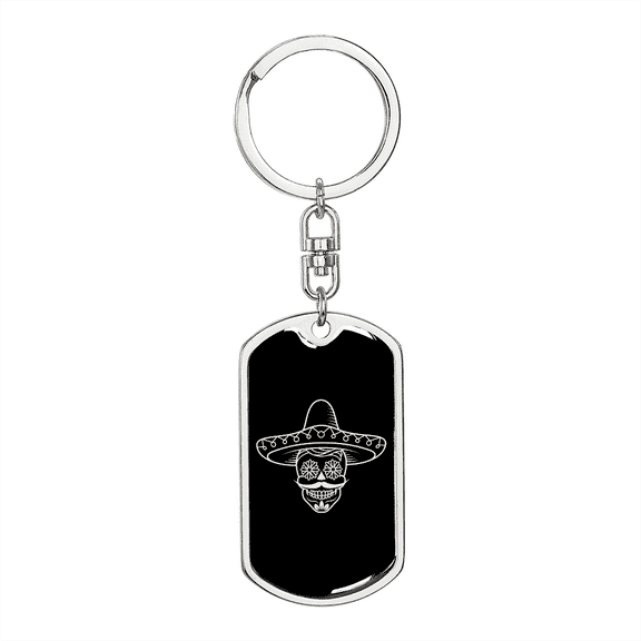 Calavera Mexican Sugar Skull 13 Stainless Steel or 18k Gold Premium Swivel Dog Tag Keychain