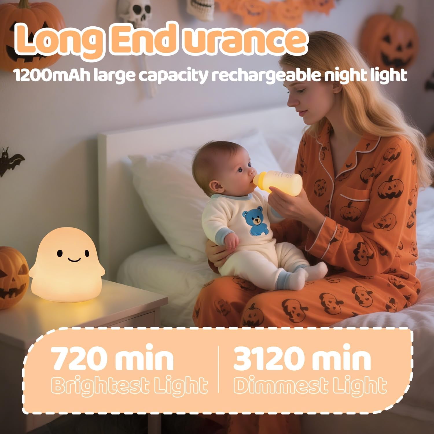 Halloween Ghost Night Light, Color-Changing & 50-Hour Battery, Spooky-Cute Squishy Lamp for Kids, USB Rechargeable with Timer, Halloween Decor & Gifts