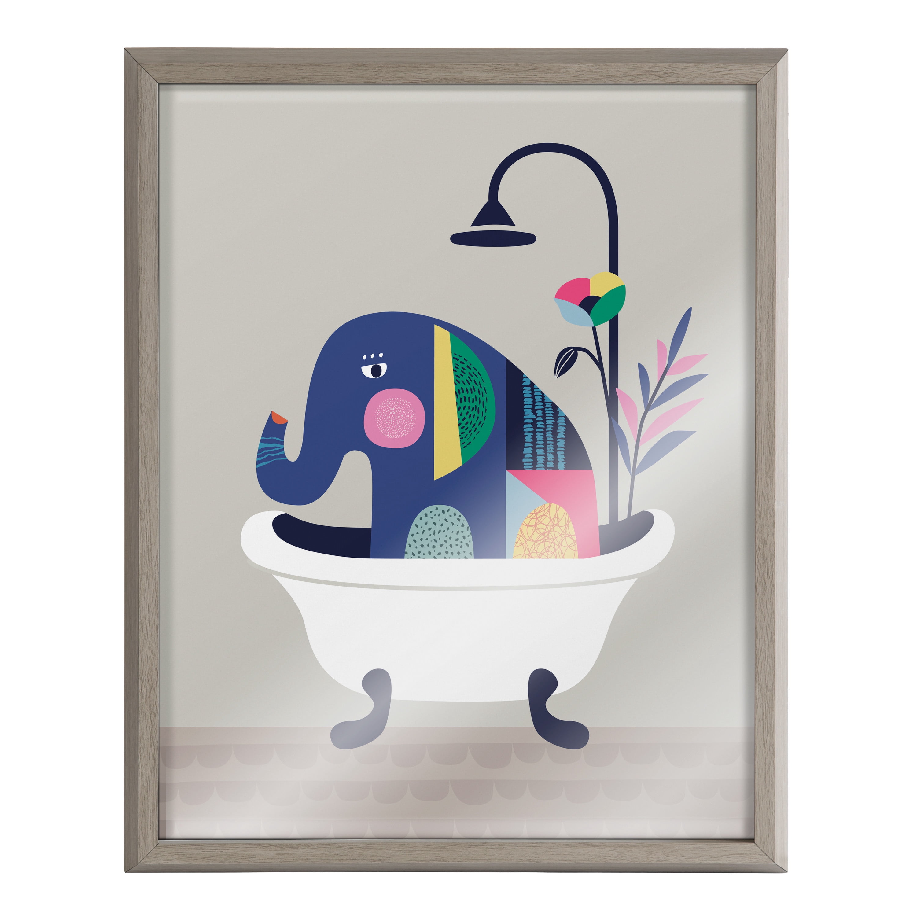 Kate and Laurel Blake Mid Century Modern Elephant in the Tub Framed Printed Glass Wall Art by Rachel Lee of My Dream Wall, 16x20 Gray, Animal Art for Wall