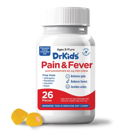 DrKids Children’s Pain and Fever Chewable Gels - Kids Chewable Acetaminophen for Kids Ages 2-11, Pre-Measured Soft Chews for Headache, Sore Throat, Cold and Flu, Pineapple Flavor, 26 Pieces.