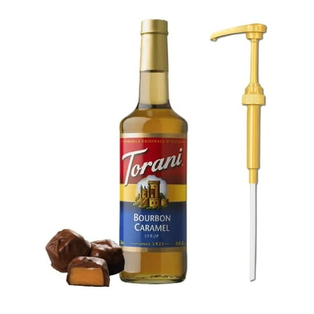 Torani Bourbon Caramel Flavouring Syrup, 25.4 fl oz (750ml) Glass Bottle with Absol Gold Pump