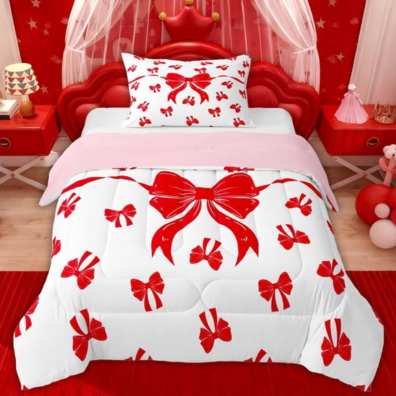 Erosebridal Red Bowknot Kids Twin Comforter Sets, Cute Bow-tie Bedding Set, Pink Reversible, 2pcs