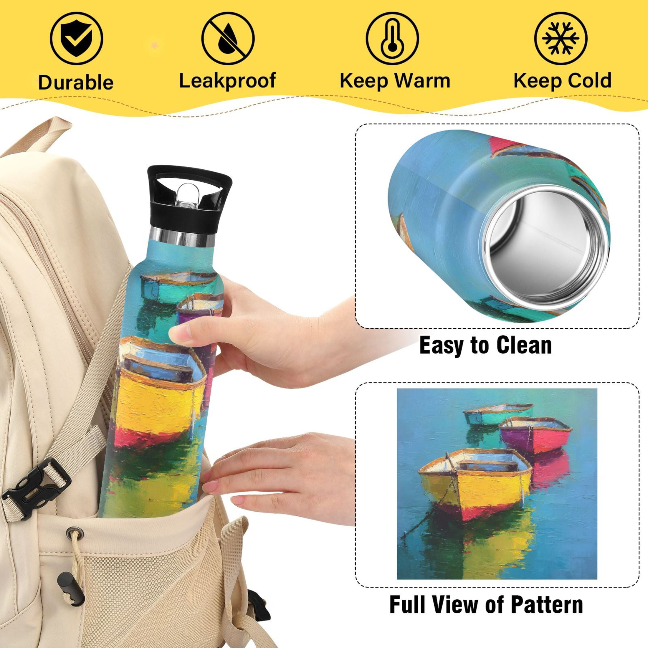 Kids Insulated Stainless Steel Sports Water Bottle 600ml (20oz) Colorful Row Boats