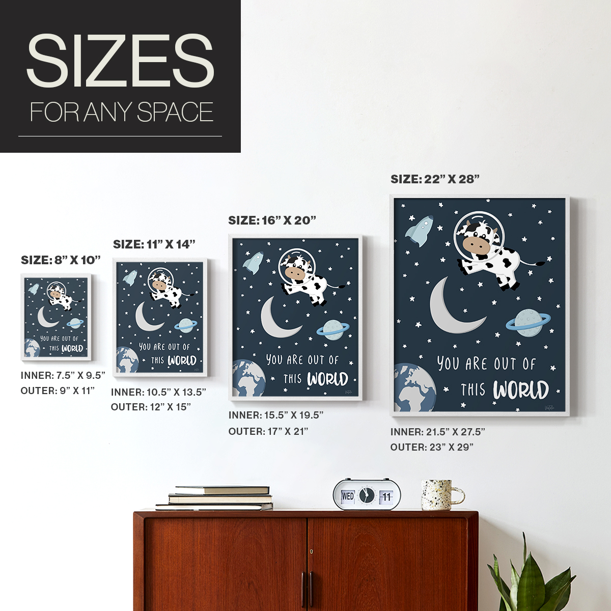 Cow in Space II in Paper Solid Wood 11 x 14 Framed Print