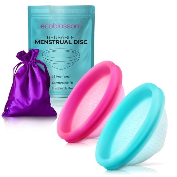 Disco menstrual reutilizable EcoBlossom Soft para mujer, color verde azulado y magenta