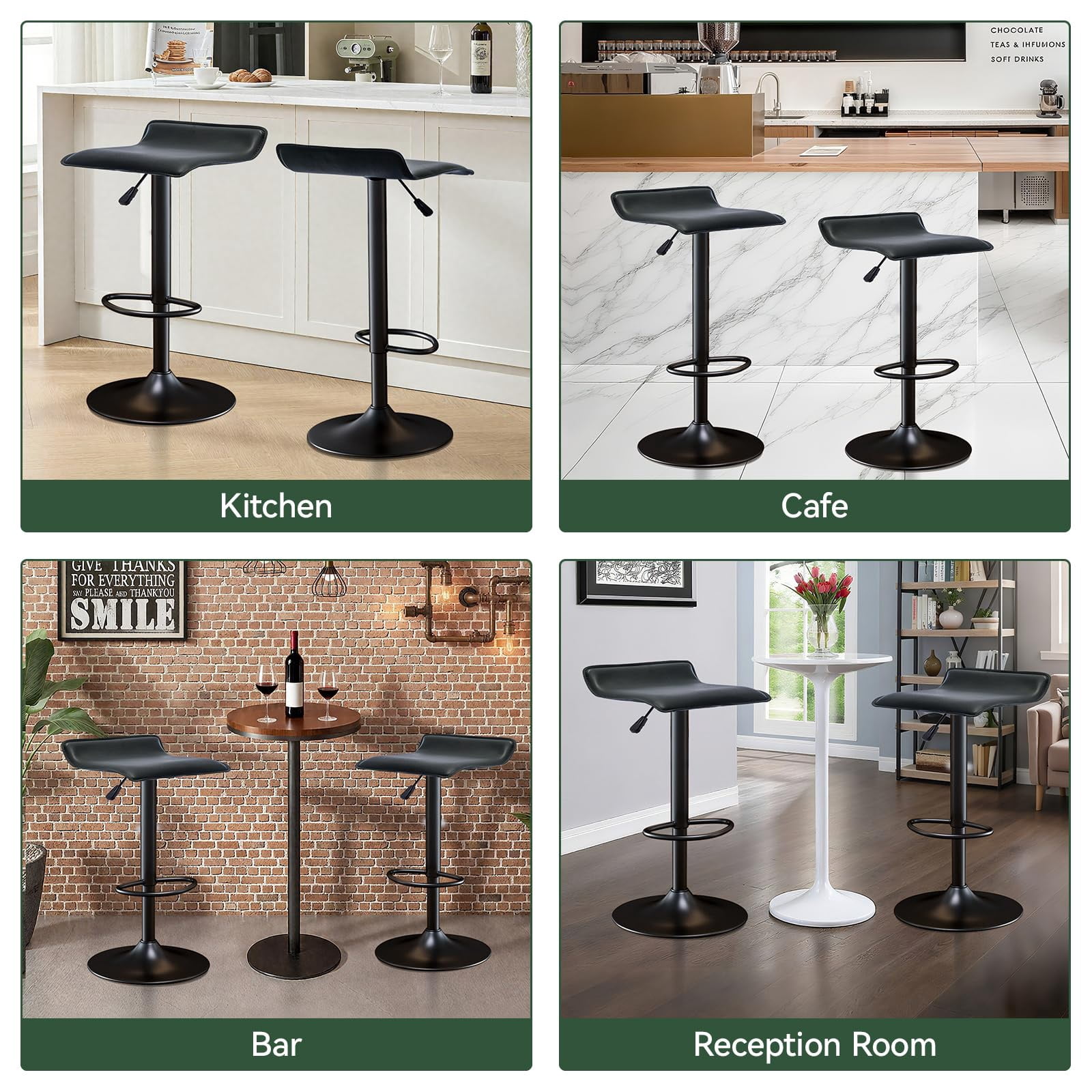 Adjustable Backless PU Leather Bar Stools Set of 2, 360° Swivel Counter Height Bar Stools with Footrest, Modern Armless Kitchen Island Chairs (Black, Black Base)