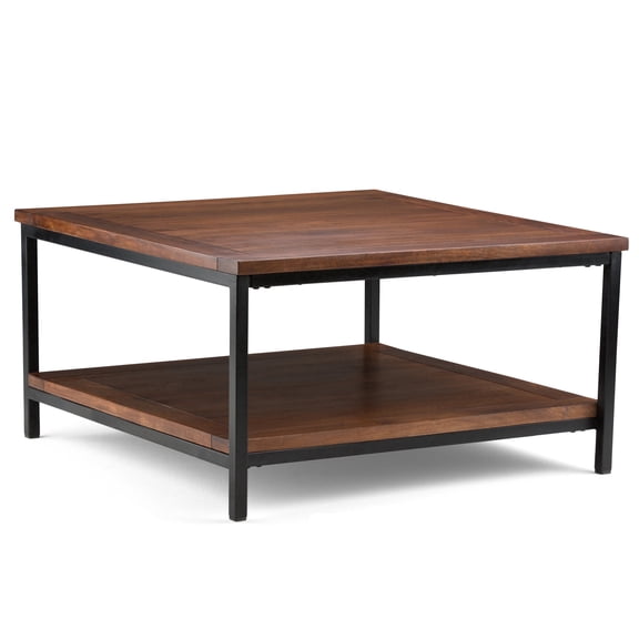 Simpli Home Skyler 34 inch Wide Solid Mango Wood Industrial Square Coffee Table in Dark Cognac Brown