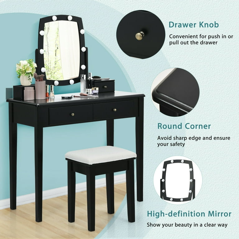 Gymax Vanity Table Set with Lighted Mirror Adjustable 10 Bulbs