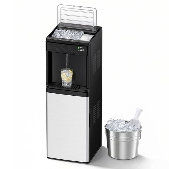 EUHOMY 4-in-1 Water Dispenser with Ice Maker, Cold Hot & Room Temperature Water, Child Safety Lock, Compatible with 3–5 Gallon Bottles for Home/Office, Black and Silver