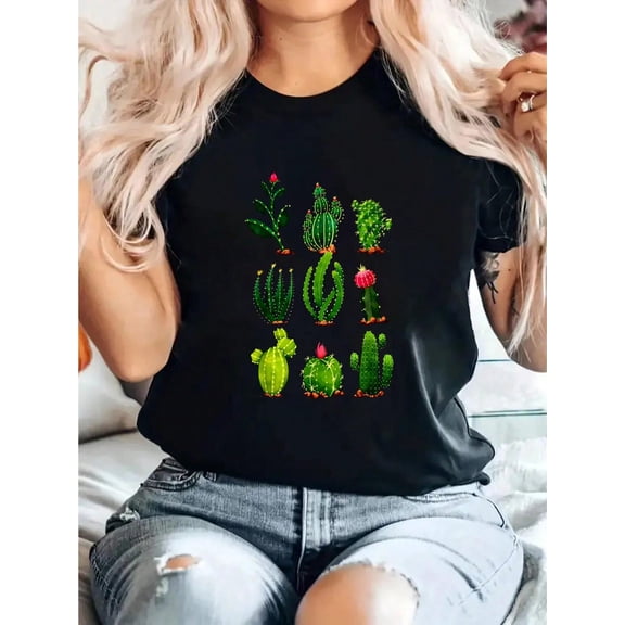 Cactus Plants T-Shirt, Unisex-Adults, Black, Short Sleeve, T-Shirt, Small Print T-Shirt, Casual Crew Neck Short Sleeve Comfort Tee Top For Spring & Summer, Women'S Clothing