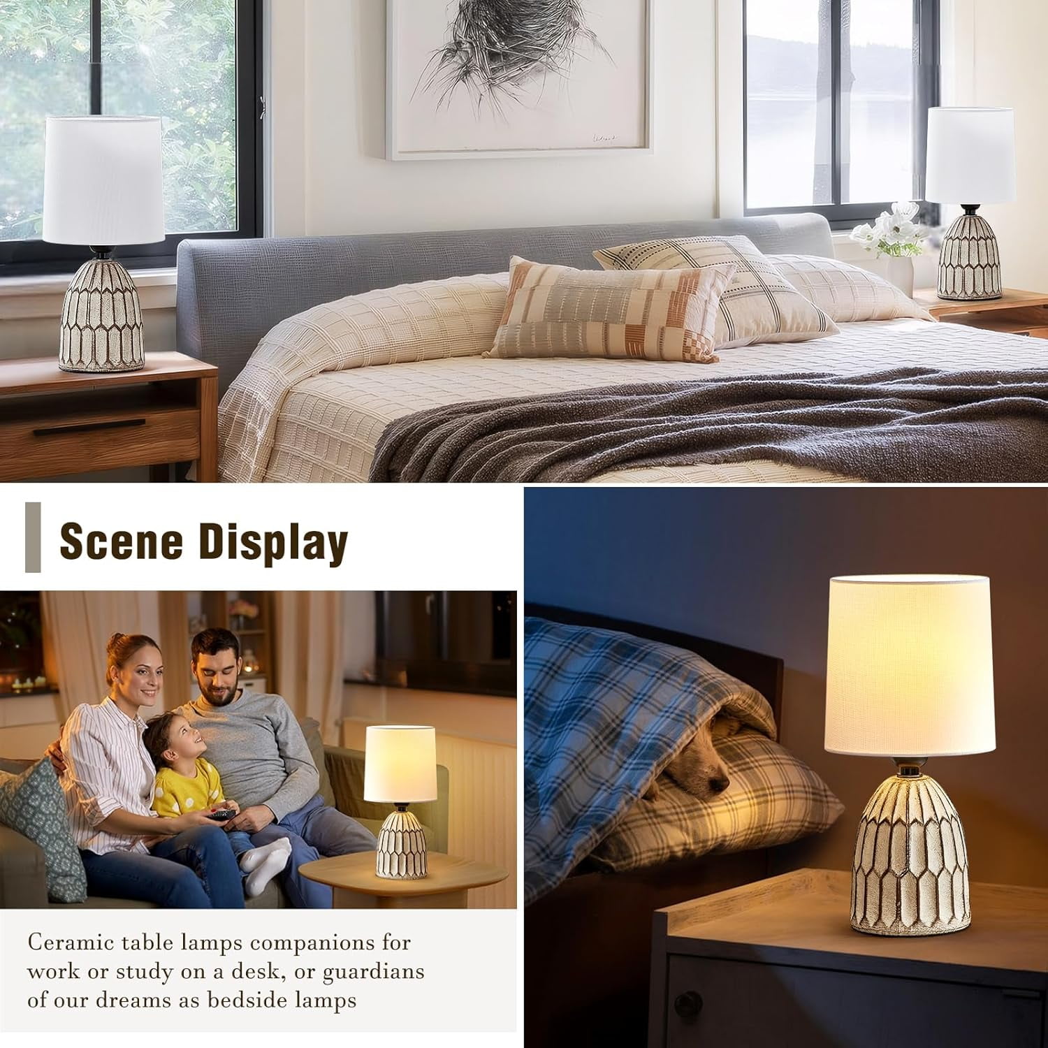 NATYSWAN Table Lamps Set of 2-13.5" Small Boho Lamp - Bedside Lamps - Farmhouse Rustic Ceramic Table Lamp for Bedroom, Living Room, Nightstand, Office, Side Desk Lamp