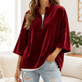 thumbnail image 2 of GZMOALH Women's Velvet Quarter Zip Top, Mock Neck 3/4 Sleeve Loose Fit Casual Pullover Sweatshirt, 2 of 5