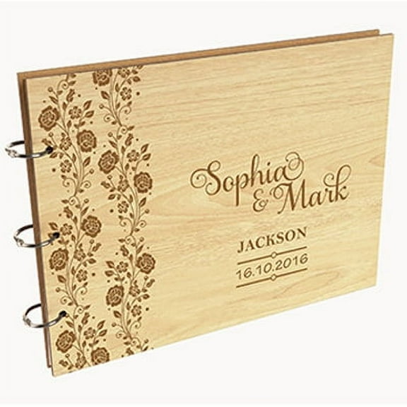 Darling Souvenir Personalized Engraved Laser Cut Wedding Guest Book Wooden Cover Sign-in Book Registry Guestbook Scrapbook-ES