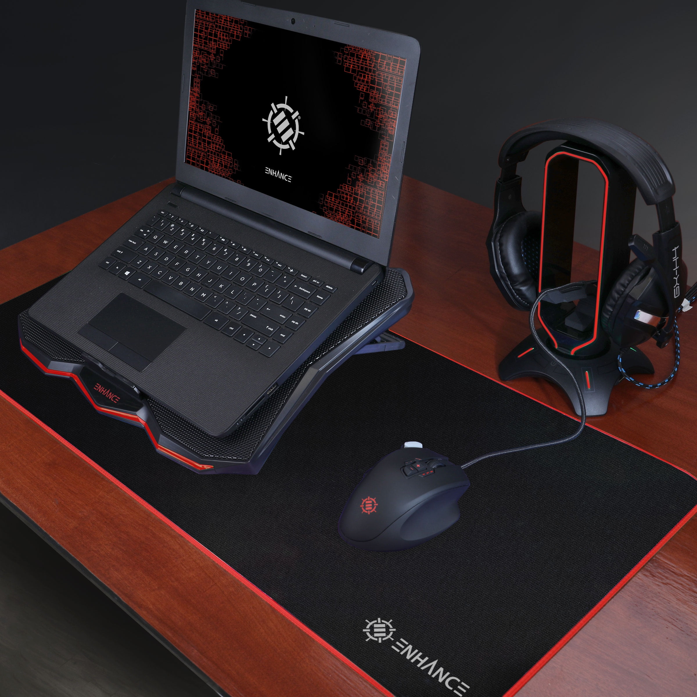 ENHANCE Cryogen 5 Gaming Laptop Cooling Pad Stand, Adjustable Height, USB Ports, 800 RPM - Red