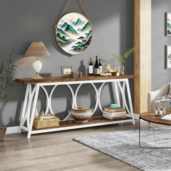 70.9" Vintage Rustic Console Table - Wood & Black Metal, 1.57" Particle Board with Bottom Shelf, 230lb Capacity for Living Room, Entryway, Behind Couch, Hallway
