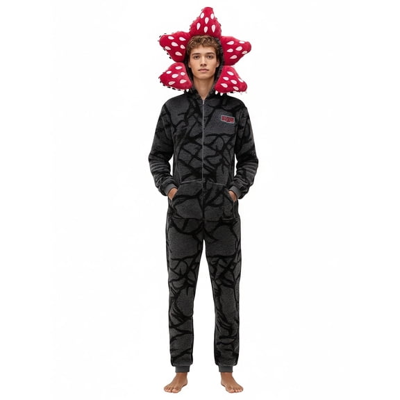 Demogorgon Costume Onesie Pajamas – Fuzzy Fleece Hooded Jumpsuit, Warm Long Sleeve Cosplay Loungewear