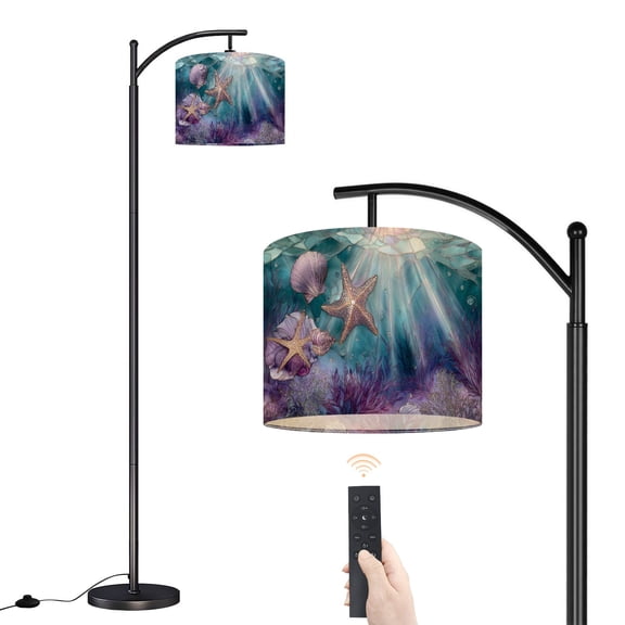 Arc Floor Lamp with Adjustable Lampshade Vibrant Ocean Dawn Stained Glass Seashell Motifs Standing Lamp 3 Color Temperatures Dimmable Tall Pole Lamp with Foot Switch for Bedroom Sofa Beside Corner