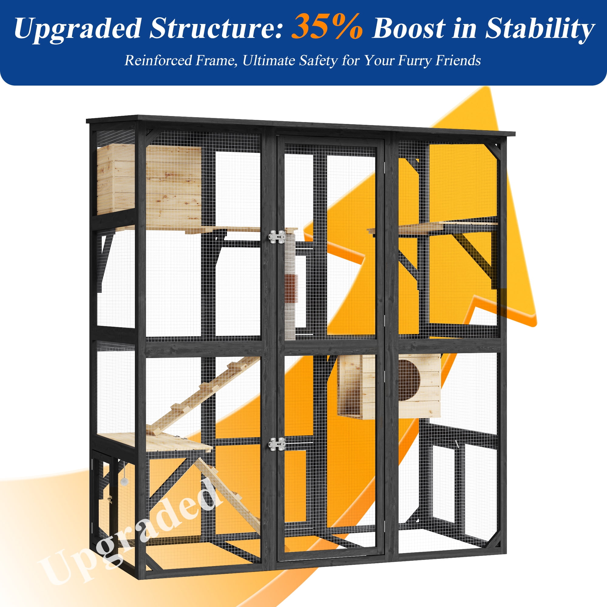 ANPOO 63''Luxury Walk-In Outdoor Catio, Large Wooden Cat Enclosure with Sloped Weatherproof Roof, Multi-Level Cat House with Cat Condo, Sisal Post & Ramps, Escape-Proof Cat Cage for Multiple Cats