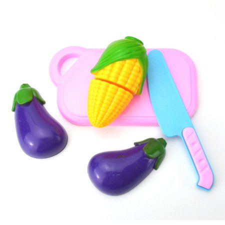 Kitchen Toy Fun Cutting Fruit & Vegetables Set Pretend Play Food Cooking Playset with Cutting Board Toy Knife Educational Toys Games 4Pcs Eggplant (Best Cutting Board For Good Knives)