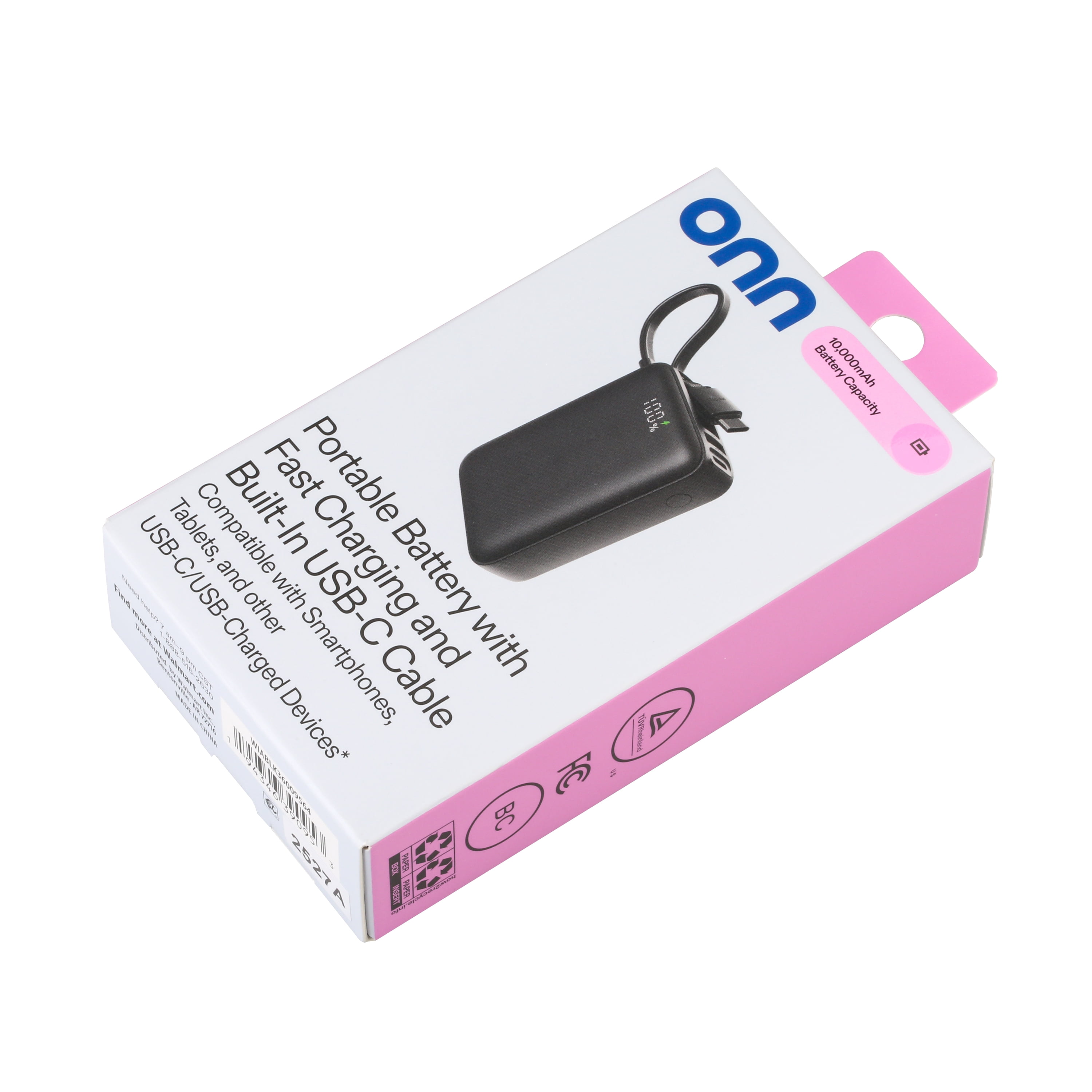 onn 10,000 mAh Portable Power Bank with Built In USB-C Cable and Fast Charing Output (20W), LED Digital Display, Black - Compatible with iPhone, iPad, AirPods, Samsung Galaxy, Note, Pixel & More