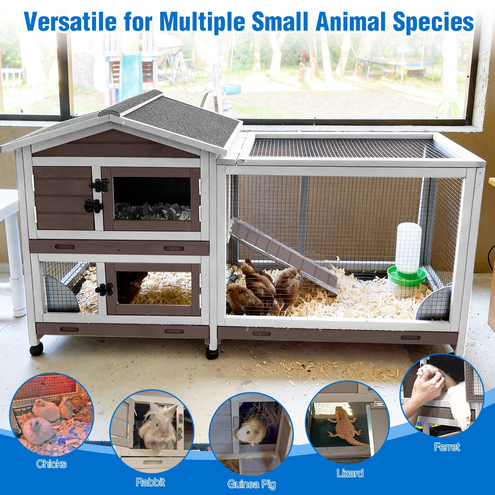 Suumerpety Rabbit Hutch on Wheels Indoor Rabbit Cage Outdoor Bunny Hutch with 3 Plastic Trays & Anti-Chew Ramp Metal Frame Guinea Pig Cage Brown