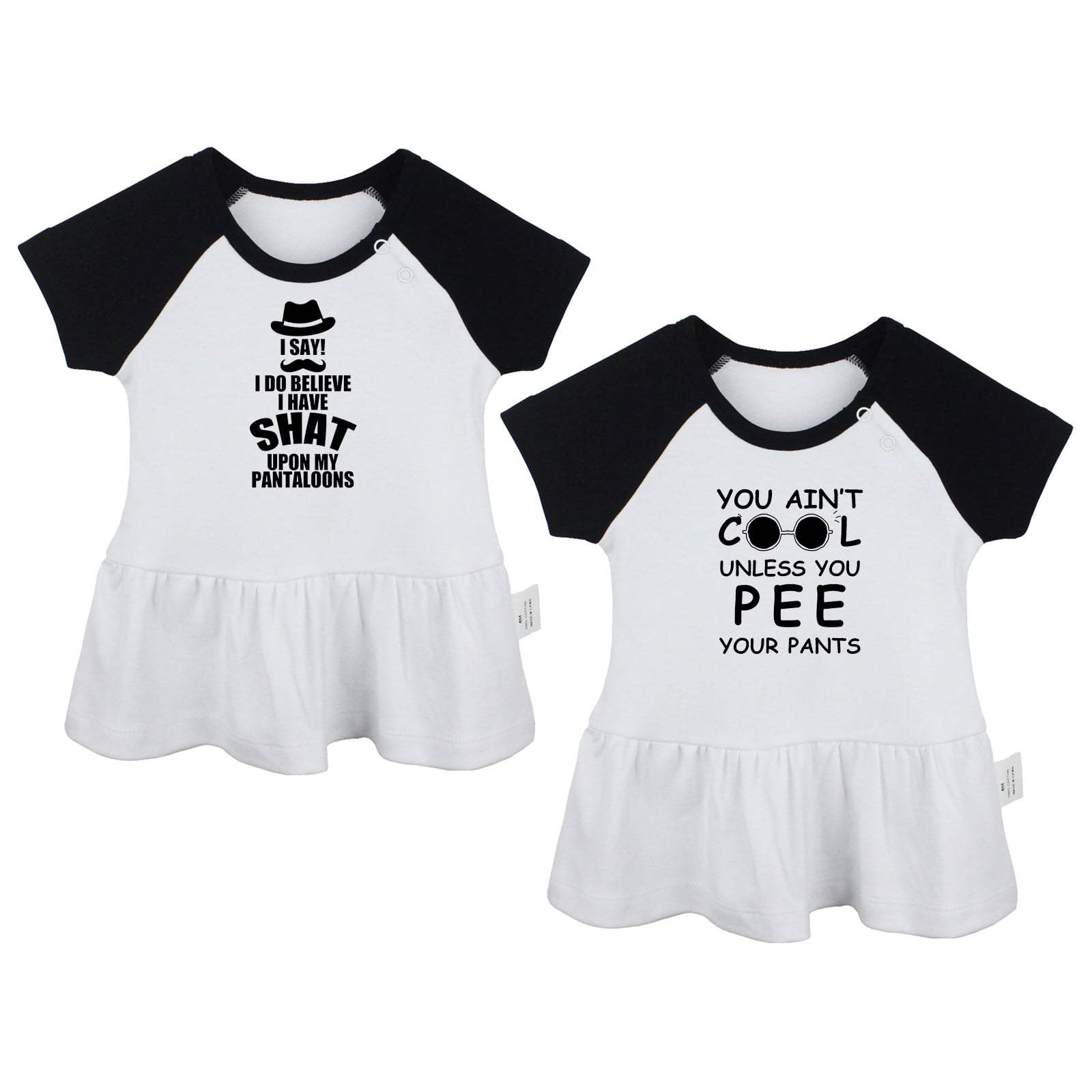 Pack of 2, I Have Shat Upon My Pantaloons & You Ain't Cool Unless You Pee Your Pants Funny Dresses, Newborn Baby Skirts, Infant Princess Dress, Toddler Frocks (Black Raglan Dresses, 12-18 Months)