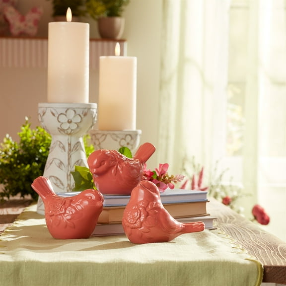Melrose Floral Bird Ceramic Figurines - 4.75" - Pink - Set of 6