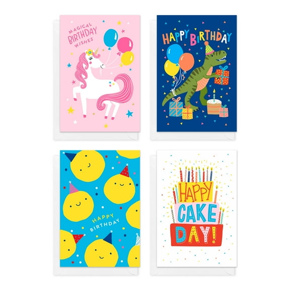 American Greetings Birthday Card Bundle for Kids, Unicorn, Balloons, Cake, Smiles (4-Designs, 12-Count)