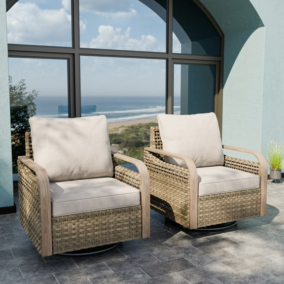 INTER HUT Modern Wicker Outdoor Swivel Rocking Chair, Rattan Glider Rcoker Chairs Patio Furniture, 2 Chairs, Brown/Gray