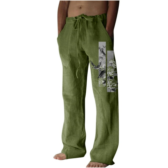 RKSTN Mens Pants Summer Fall Cotton and Linen Wide Leg Pants Bird Printed Drawstring Sports Pants Casual Pants with Pockets