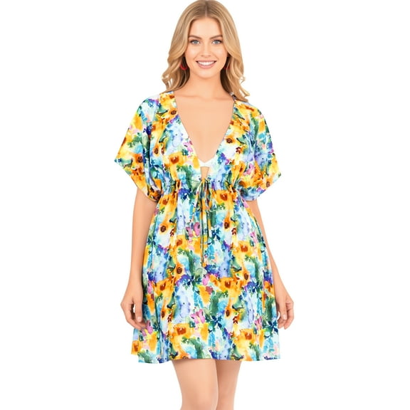 LA LEELA Women's Beachwear Summer Swim Beach Dress Cover ups for Swimwear Women Short Fall Swimsuit Coverups for Women Tops XL-XXL Colorful, Paint Buds