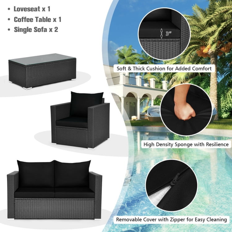 Aimee Lii 4 Pieces Patio Rattan Conversation Set, Small Patio Set with Padded Cushion and Tempered Glass Coffee Table, Black Aimee Lii 4 Pieces Patio Rattan Conversation Set, Small Patio Set with Padded Cushion and Tempered Glass Coffee Table, Black
