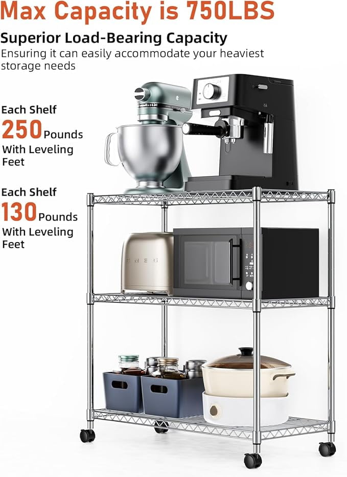 3-Shelf Wire Storage Shelves with Wheels,Adjustable Storage Units,Steel Organizer Wire Rack,Silver