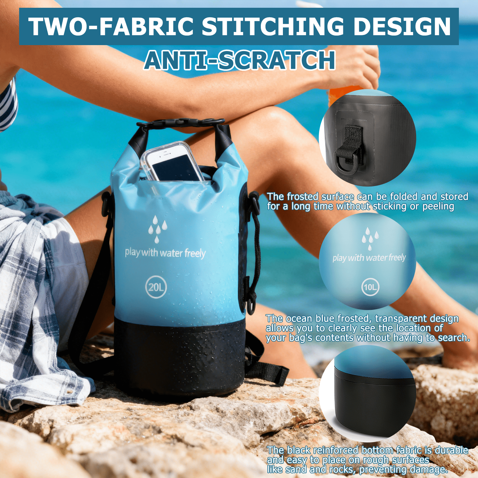 GPED Dry Bags Waterproof, 20L Roll Top Dry Bag for Kayak, Double Straps Dry Storage Bag Backpack Sack with Waterproof Fanny Pack for Swimming Boating Kayaking Board Beach Accessories