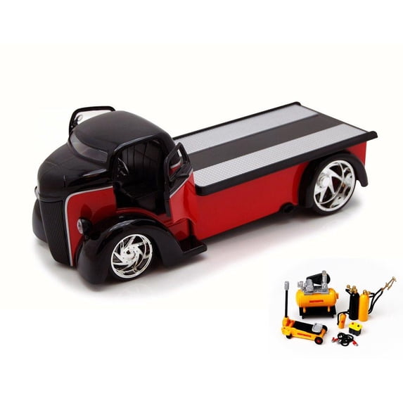 Diecast Car & Mechanic Set Package - 1947 Ford COE Flatbed, Black and Red - JADA 96959 - 1/24 Scale Diecast Model Toy Car w/Mechanic Set