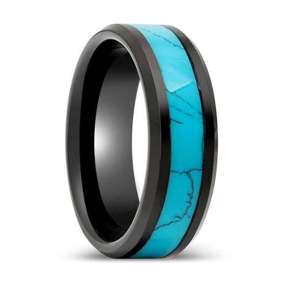 VERDEL | Black Tungsten Ring, Turquoise Inlay, Beveled Edge