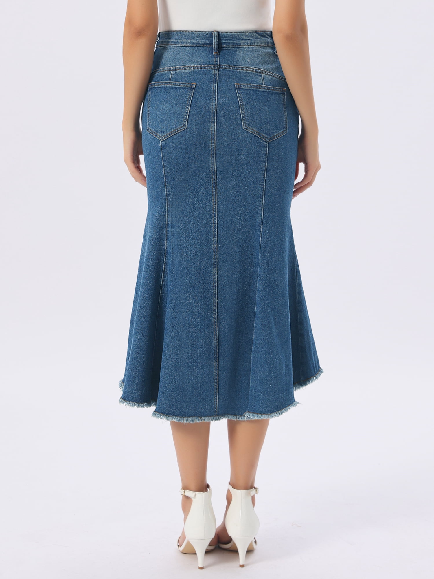 DARING DIVA Women's Raw Hem Fishtail Midi Skirt with Pockets Large Dark Blue