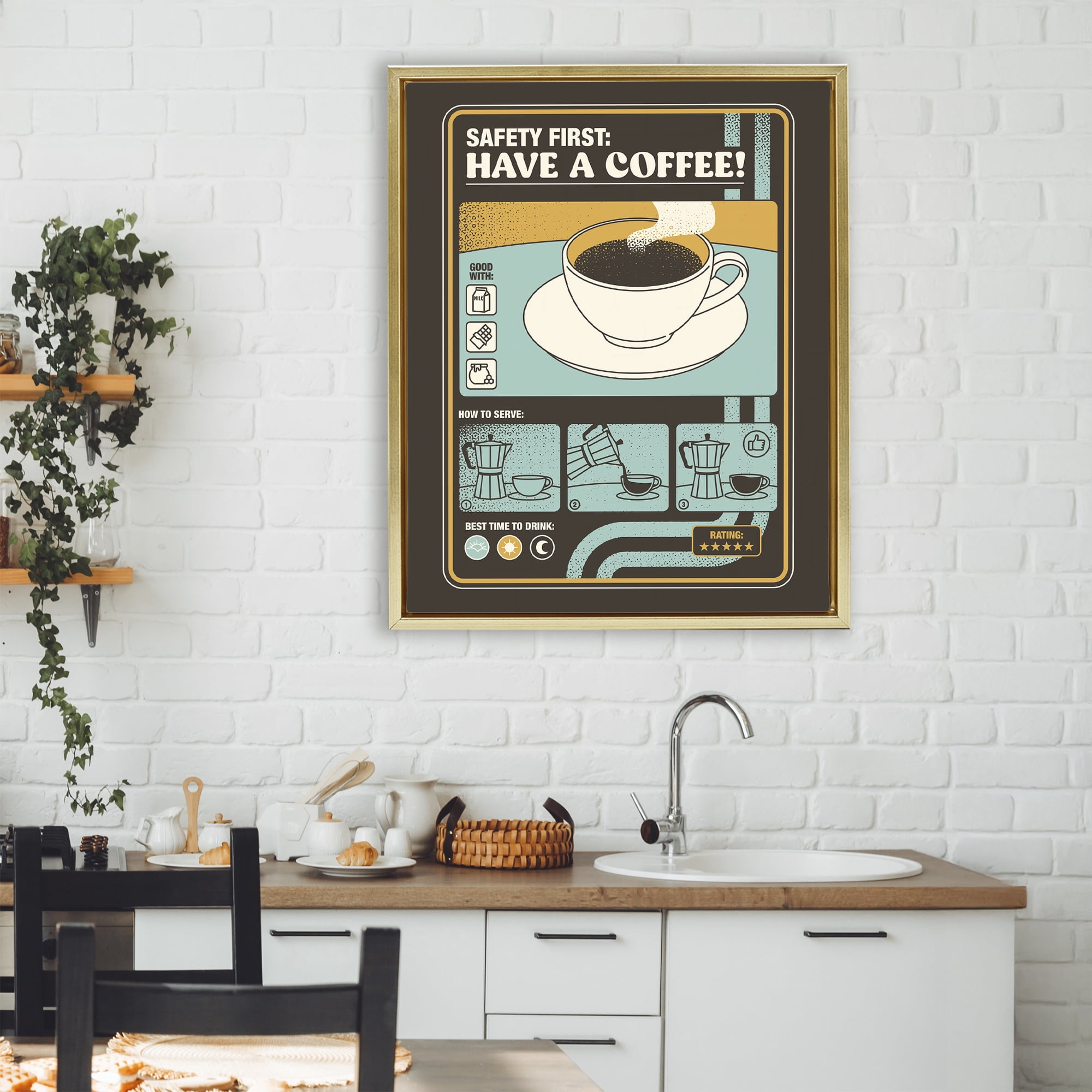 Stupell Industries Safety First Have A Coffee Gold Framed Floater Canvas Wall Art, design by Tobe Fonseca