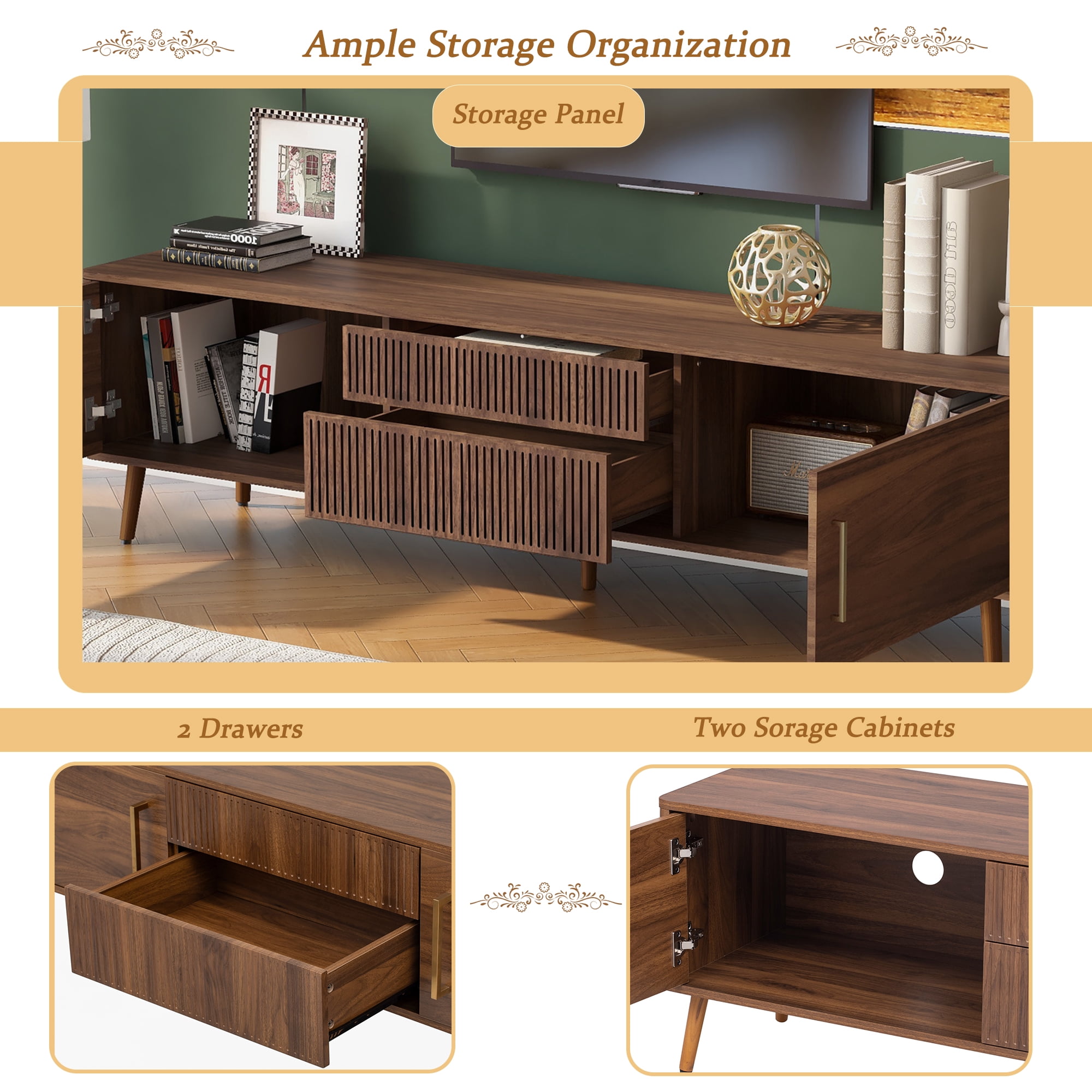 Homy Casa 70.8" Walnut TV Stand for TVs up to 75" with 2 Drawers Cabinets and Cable Management
